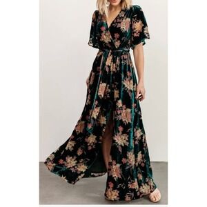 Baltic Born Uma Green Velvet Pink Floral Maxi Dress Flutter Sleeve M Romantic